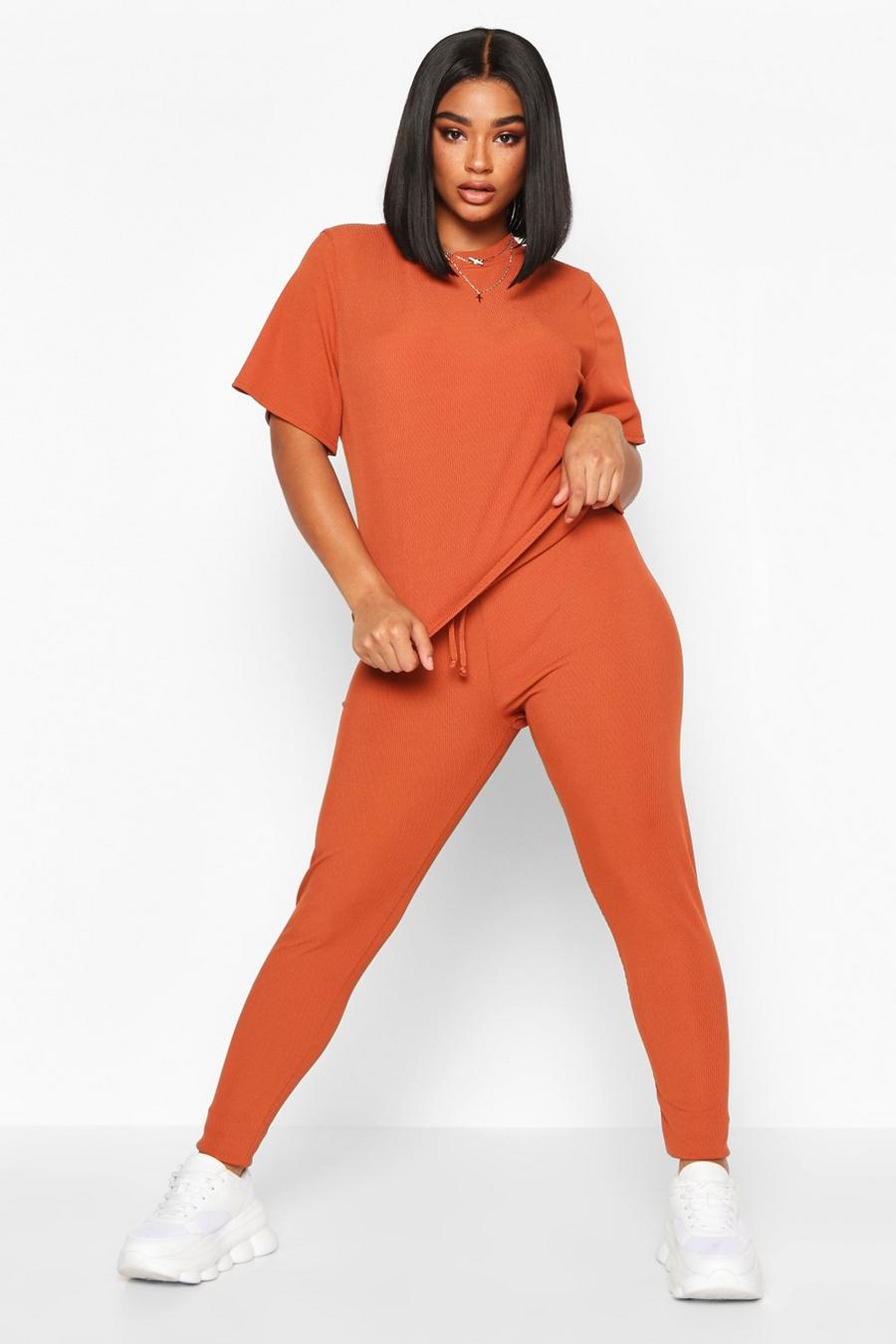 Rust Plus Rib T-Shirt And Legging Co-Ord image number 1