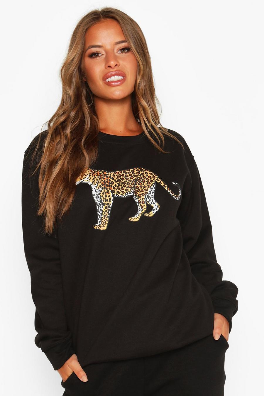 Top estilo suéter de corte ancho con estampado de leopardo Petite image number 1