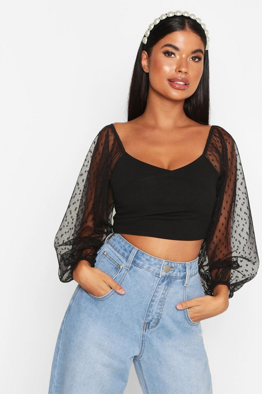 Black Petite Dobby Mesh Solid Body Blouse image number 1