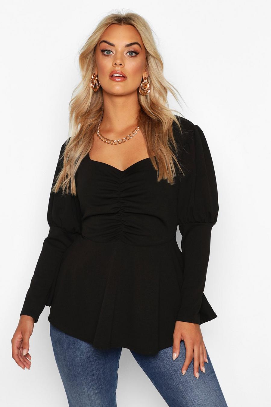 Black Plus Ruched Bust Puff Sleeve Peplum Top image number 1