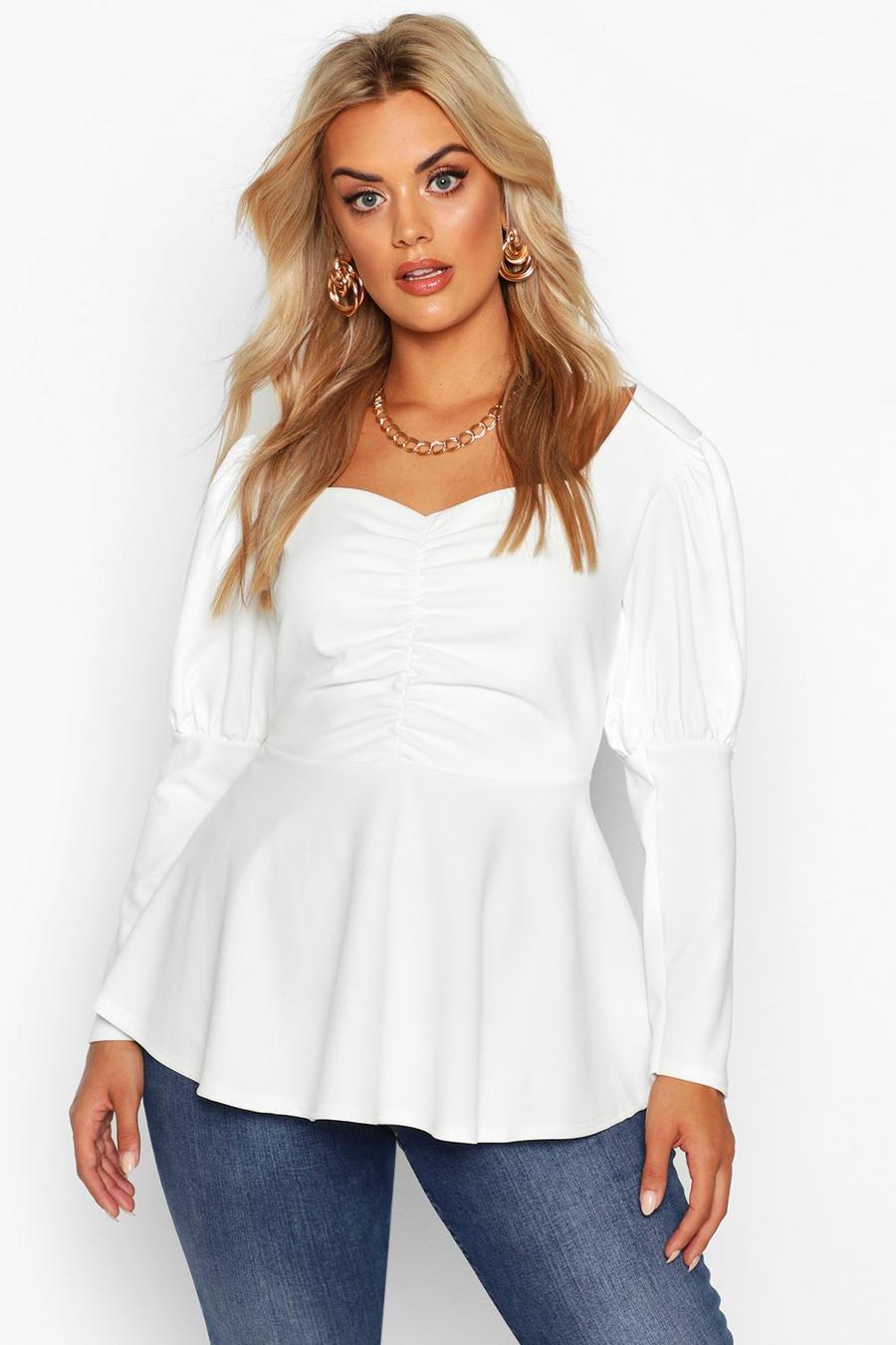 Ivory Plus Ruched Bust Puff Sleeve Peplum Top image number 1