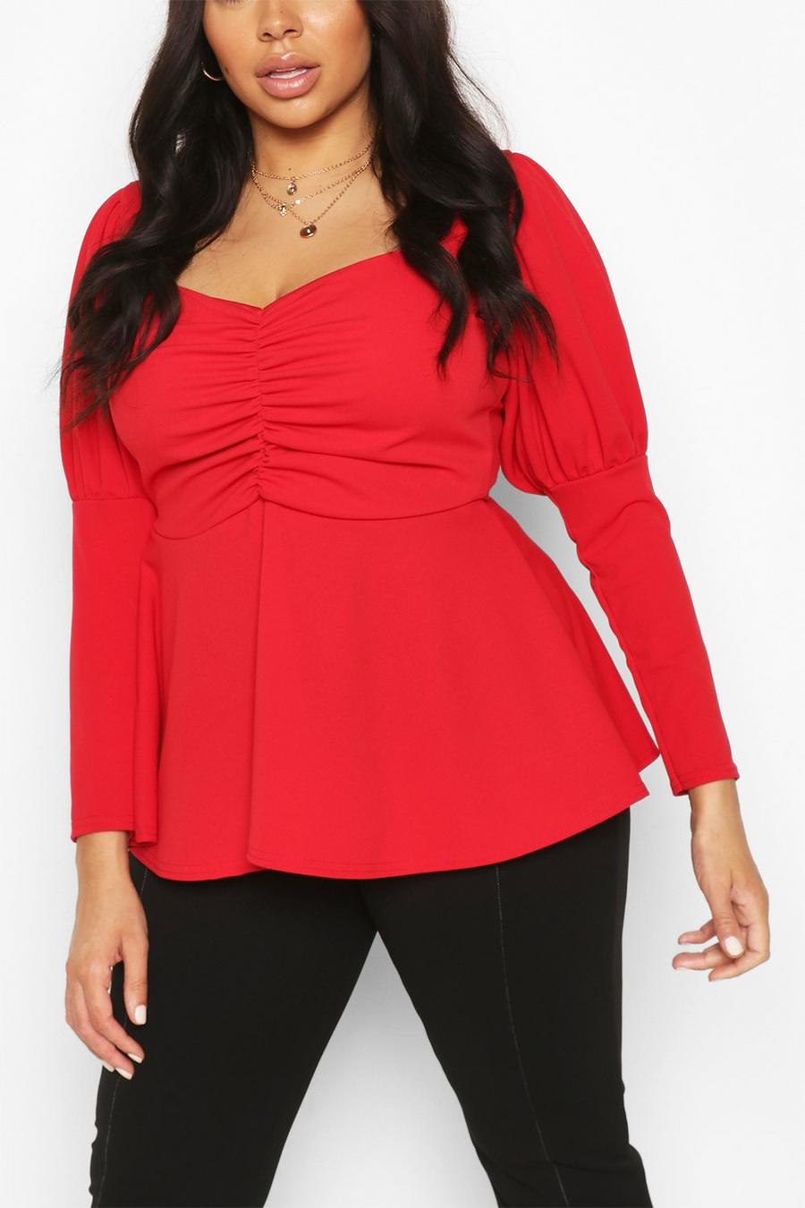 Red Plus Ruched Bust Puff Sleeve Peplum Top image number 1