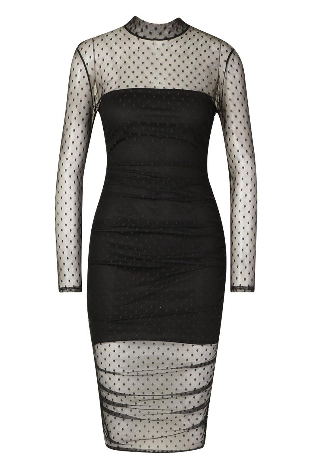 black dobby mesh midi dress