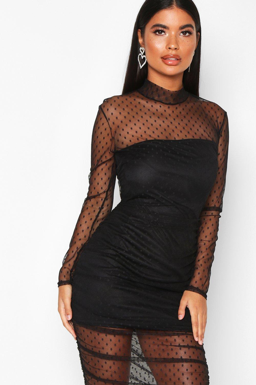 Petite Dobby Mesh High Neck Ruched Midi Dress