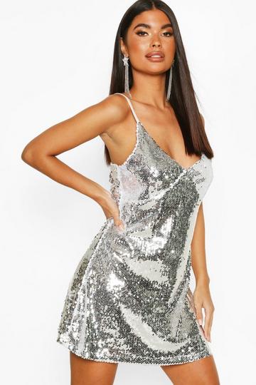 Petite Sequin Spaghetti Strap Slip Dress silver