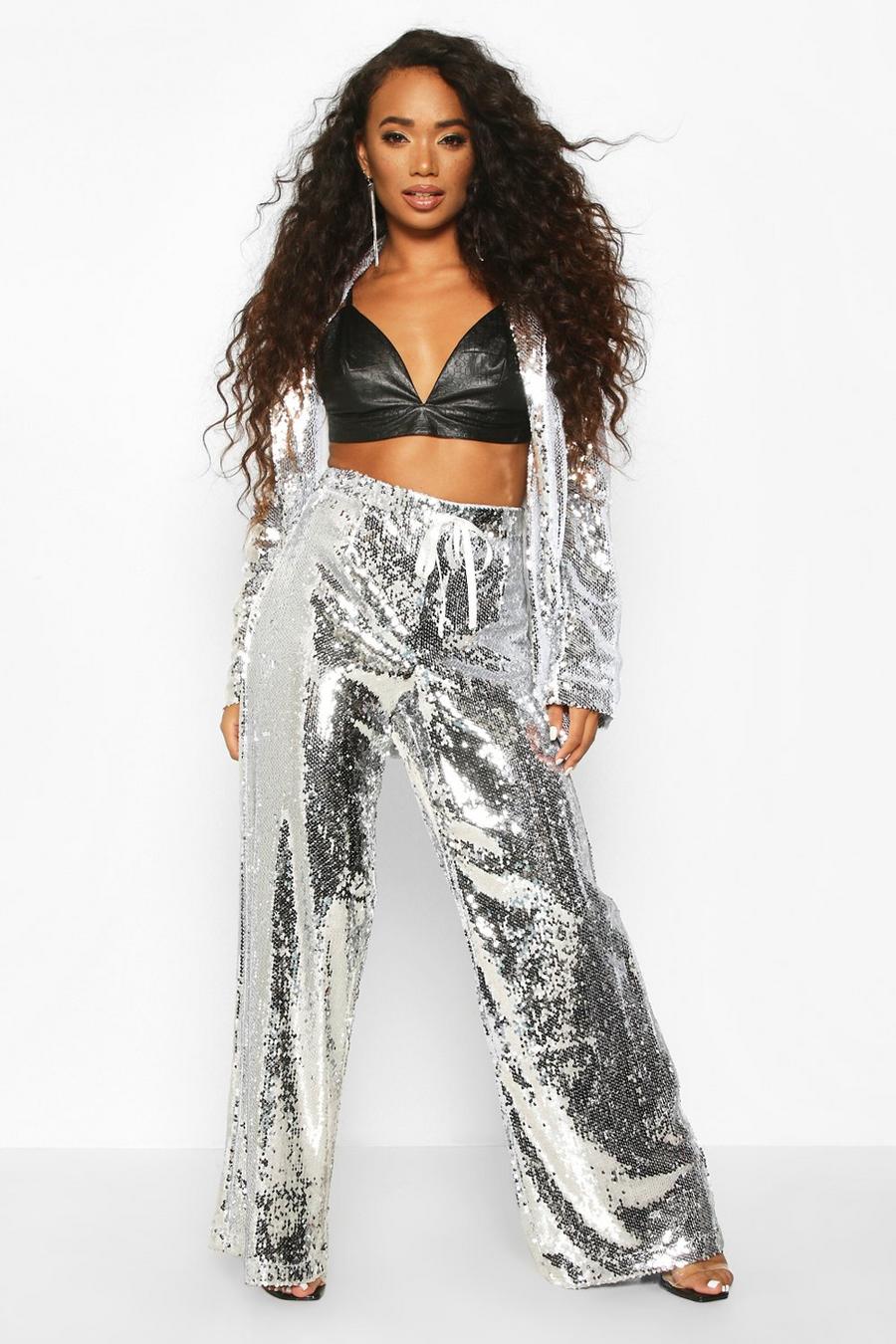 Silver Petite Sequin Wide Leg Trousers image number 1