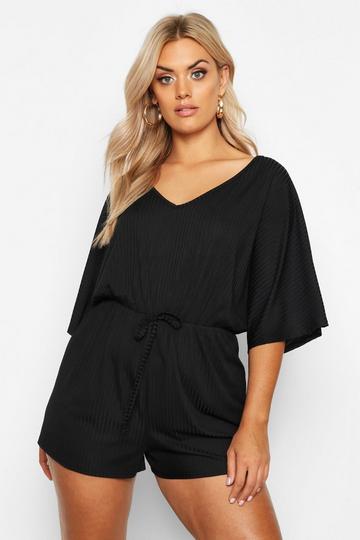 Plus Wide Rib V Neck Playsuit black