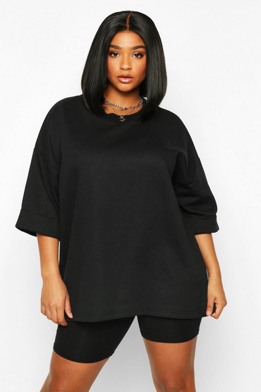 Black Plus - Basic sweatshirt i boxig modell med uppvikt ärm image number 1