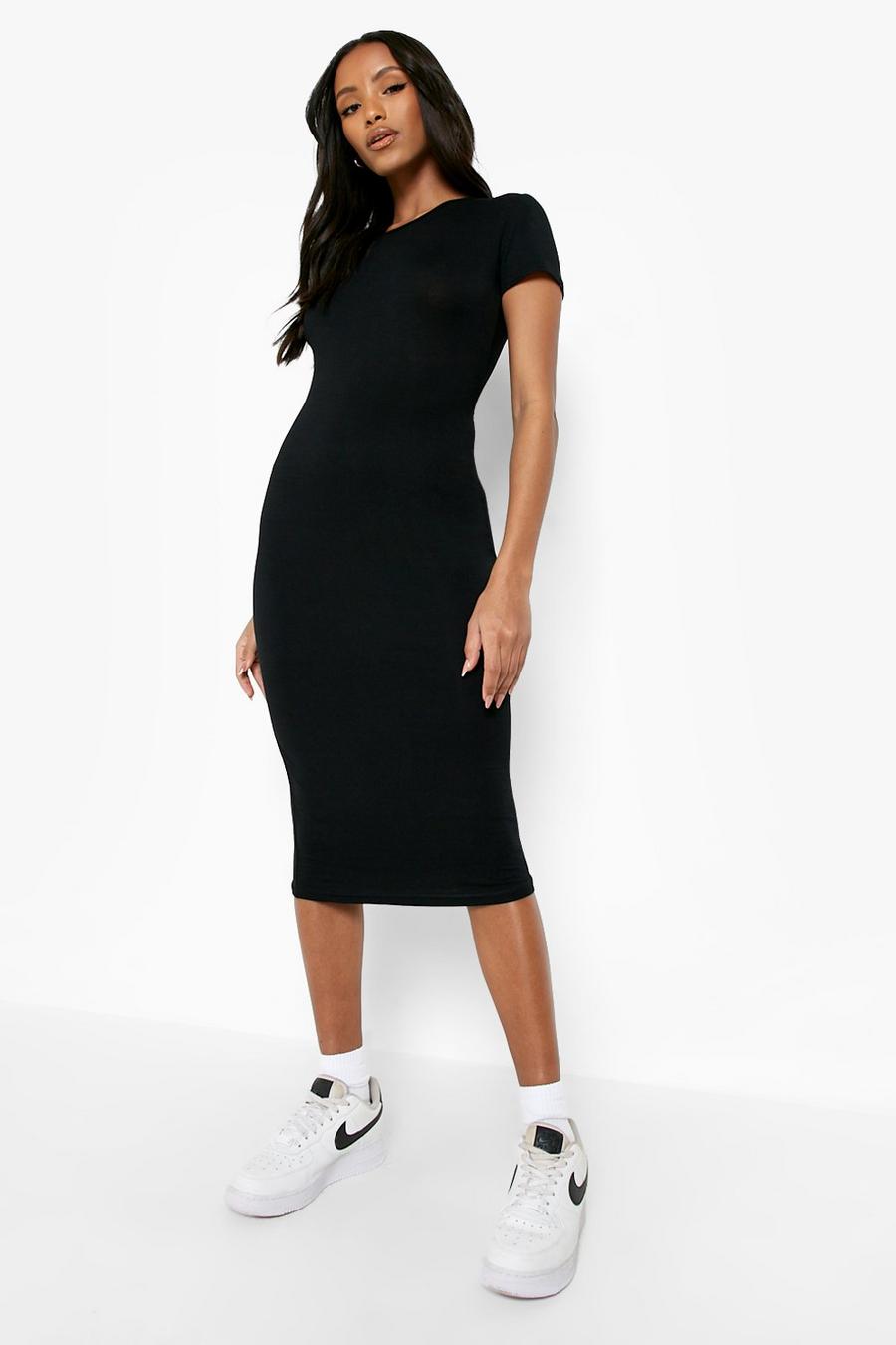 Black Petite Basic Cap Sleeve Midi Dress image number 1