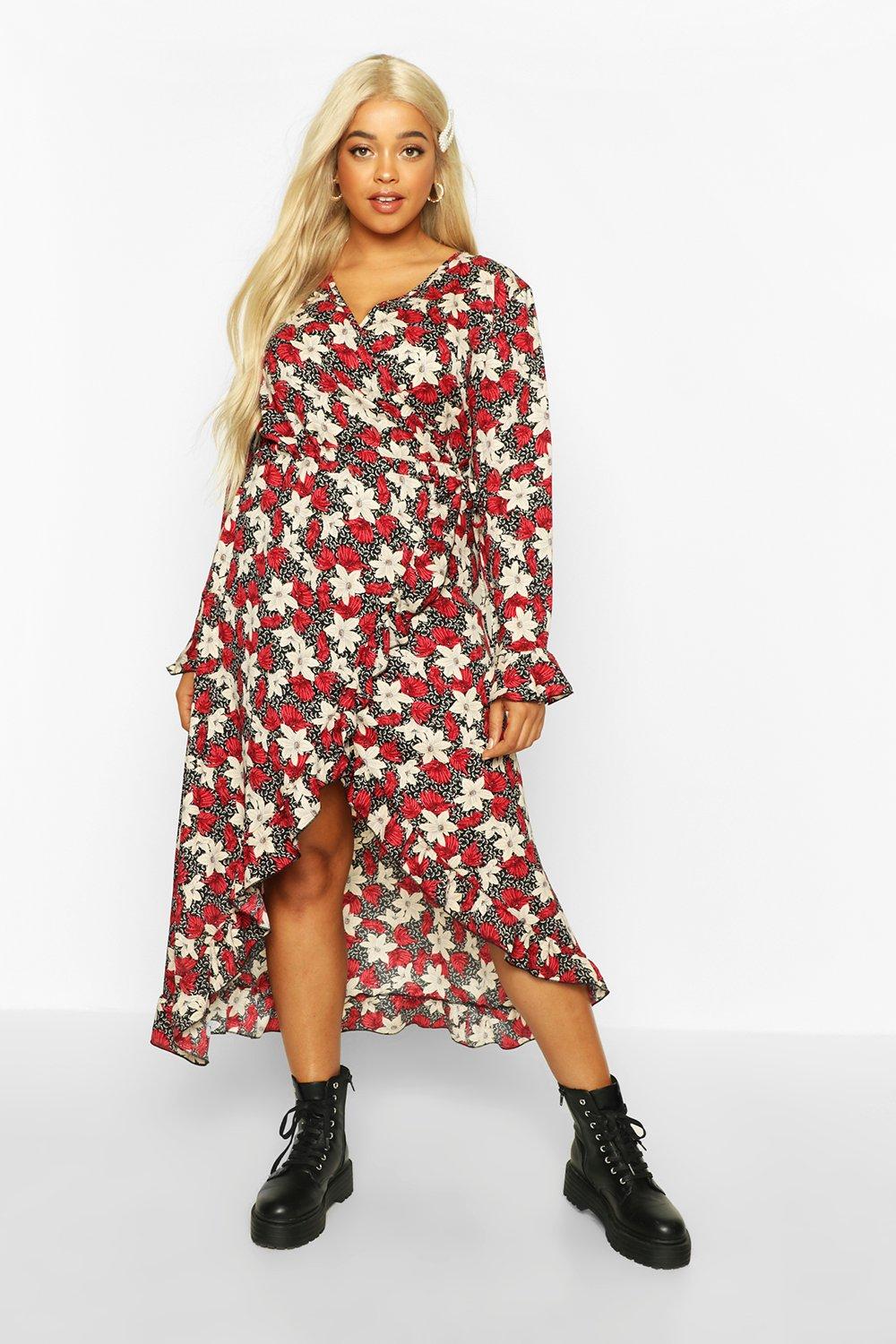 boohoo ruffle wrap midi dress in floral