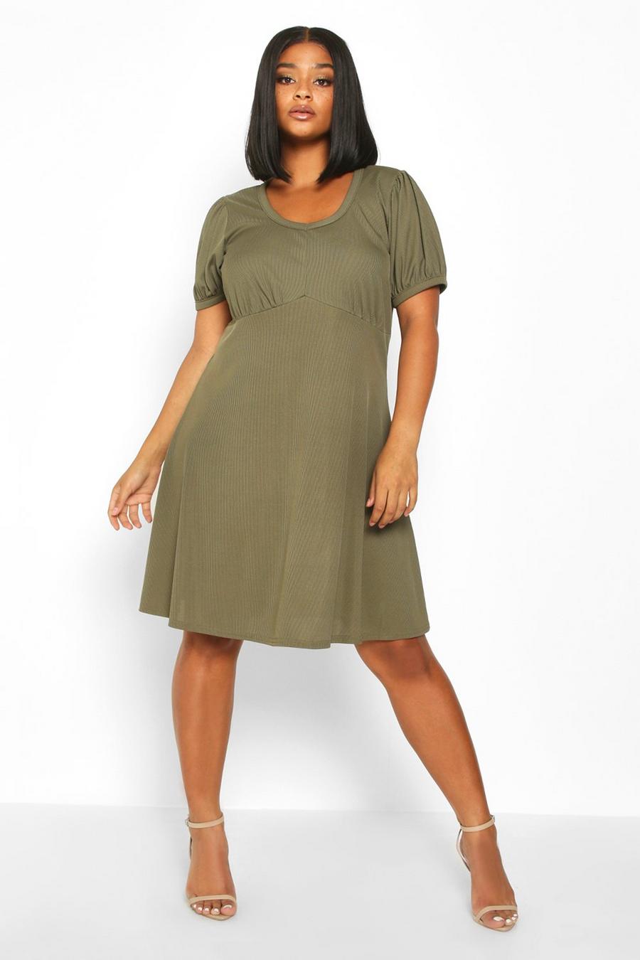 Plus Ribbed Scoop Neck Puff Sleeve Swing Dress image number 1