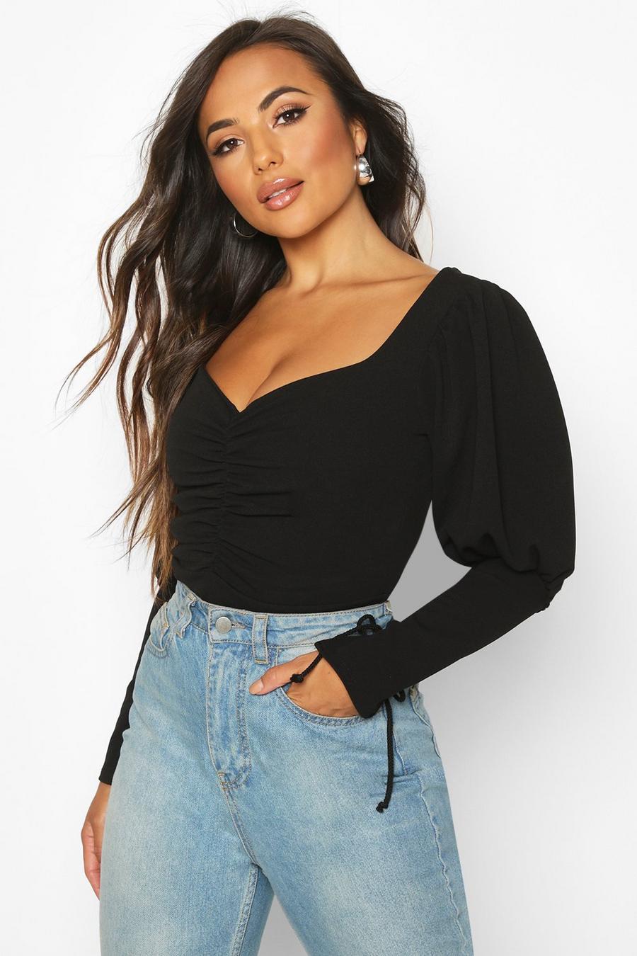 Black Petite Lace Up Sleeve Ruched Top image number 1