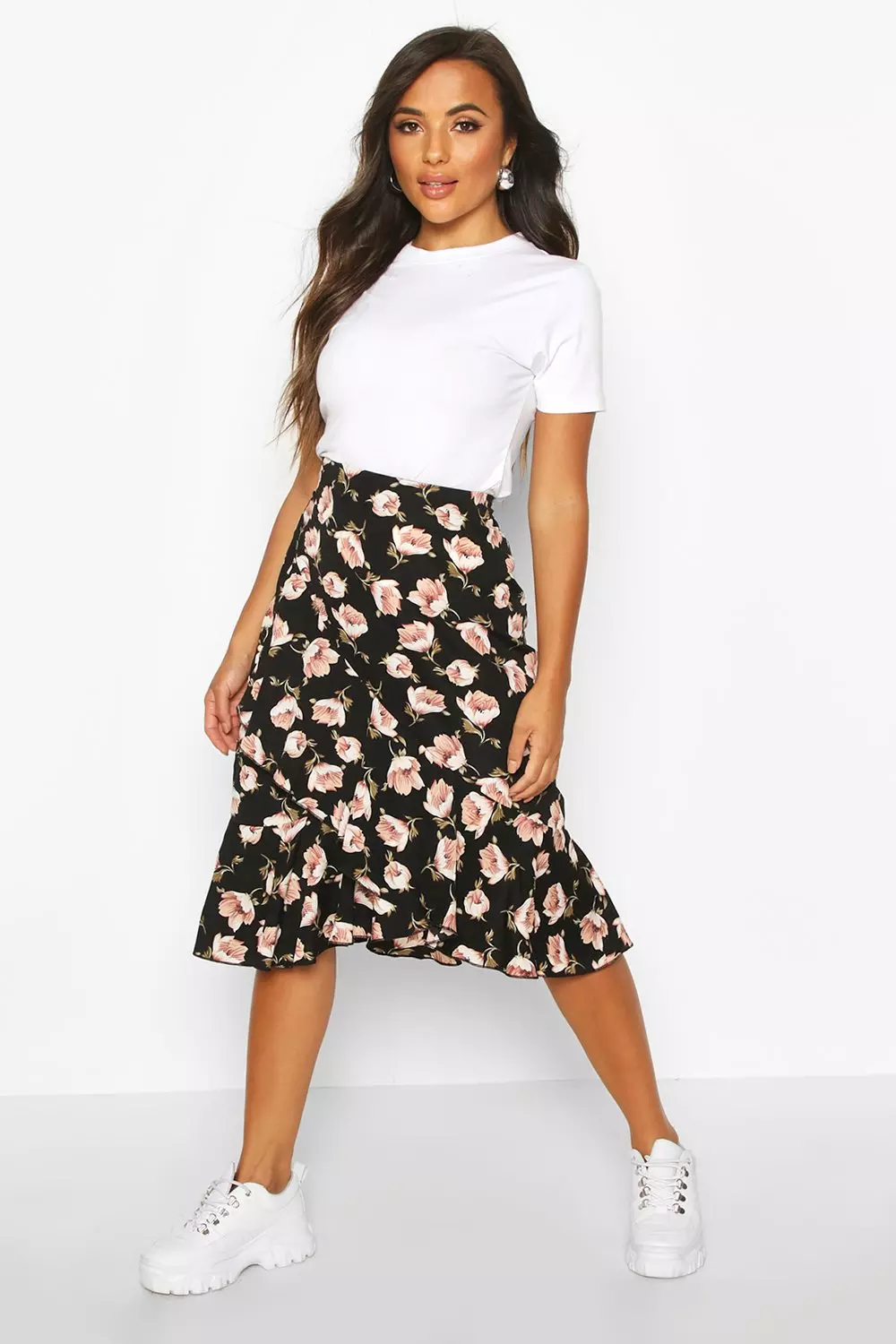 Petite Floral Print Ruffle Midi Skirt