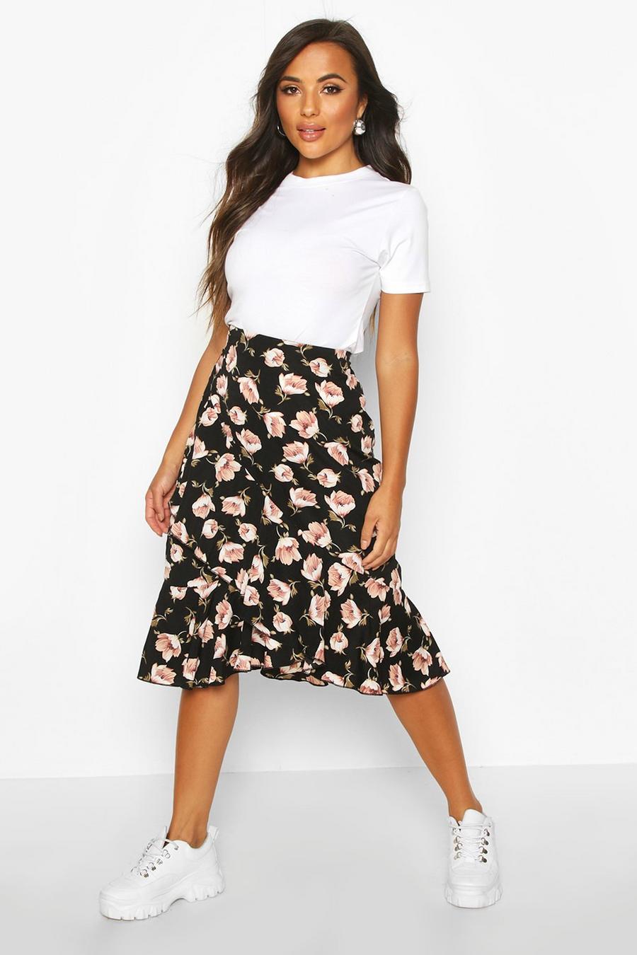 Black Petite Floral Print Ruffle Midi Skirt