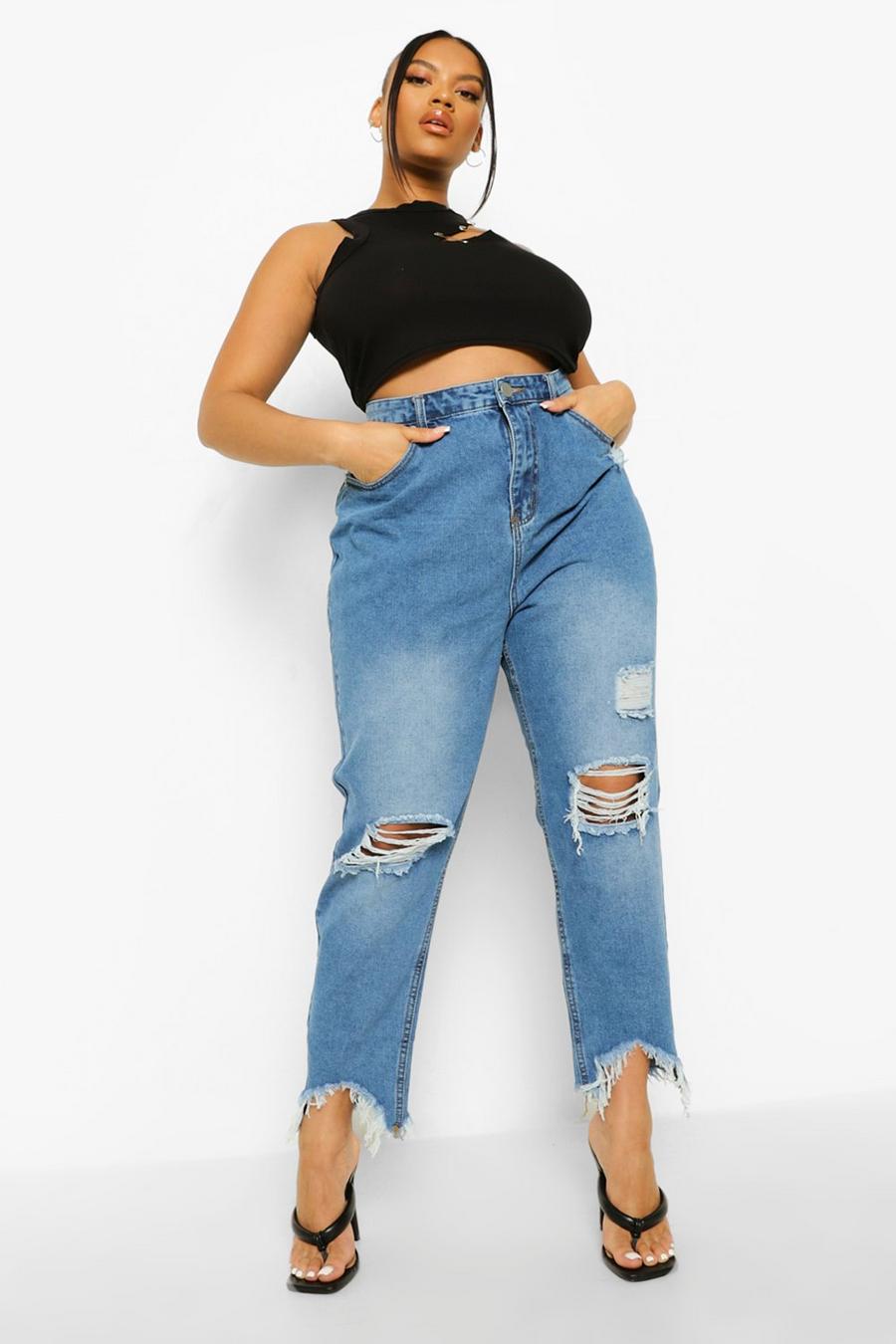 Mid blue Plus - Mom jeans med slitna detaljer och hög midja image number 1