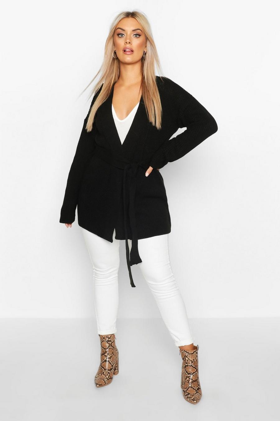 Black Plus Chunky Knitted Belted Boyfriend Cardigan image number 1