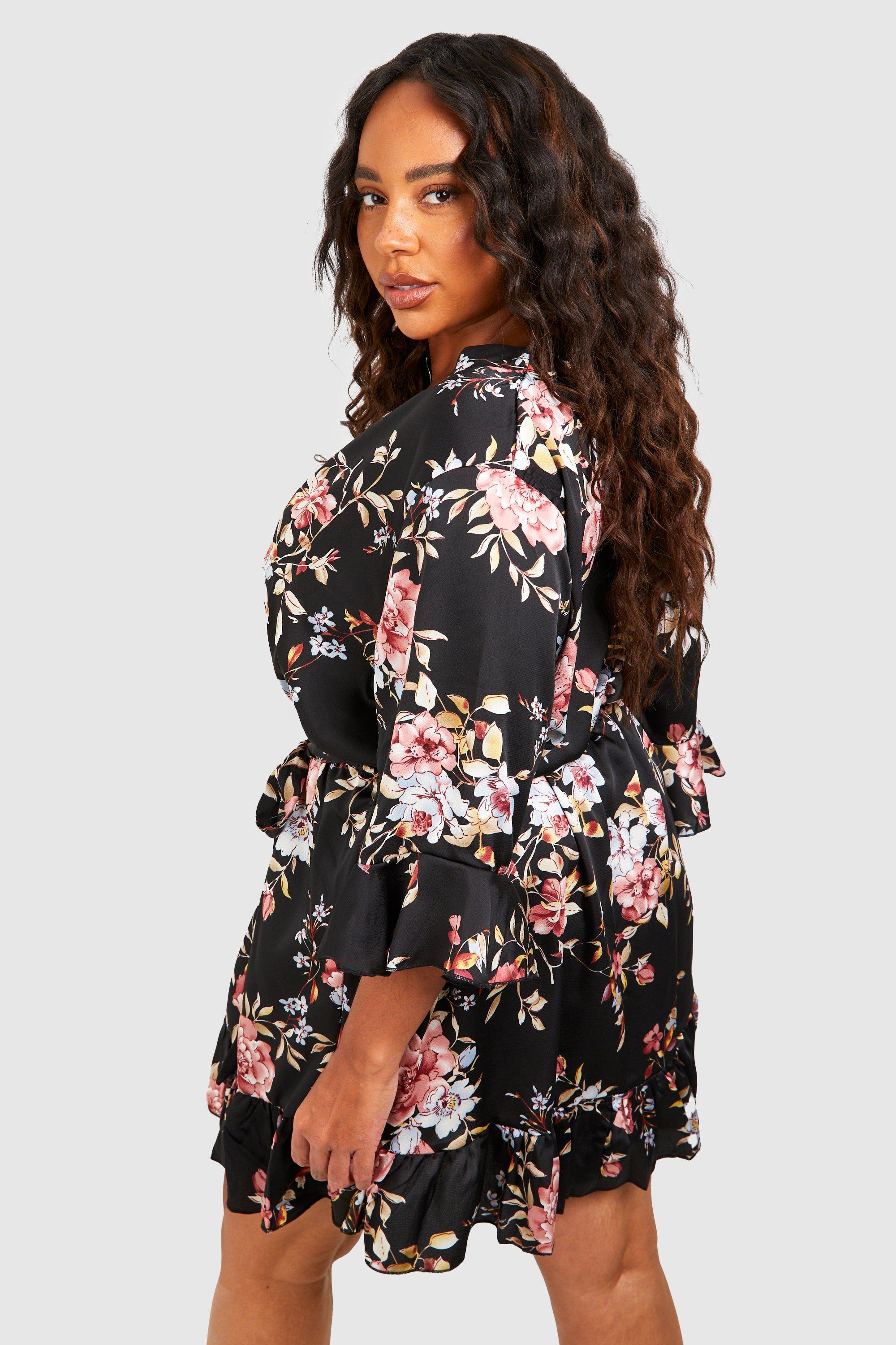 Plus Floral Satin Ruffle Wrap Dress