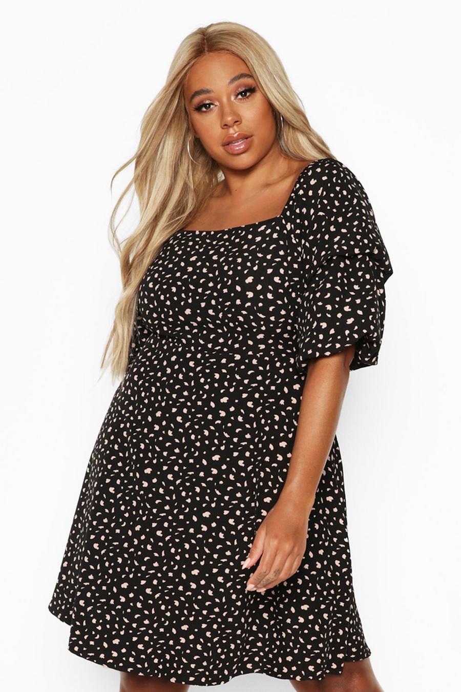 Plus Spotty Ruched Puff Sleeve Skater Dress image number 1