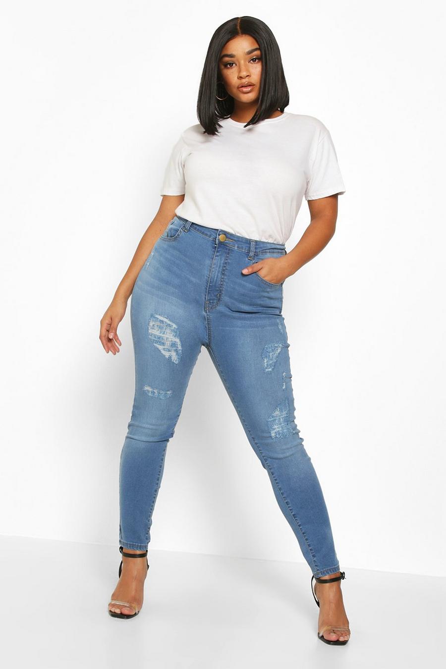 Mid blue Plus - Skinny jeans med slitna detaljer och hög midja image number 1