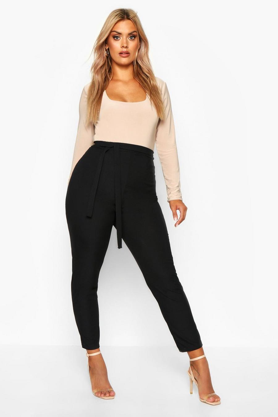 Black Plus Ribbed High Waisted Tie Waist Tapered Trousers image number 1