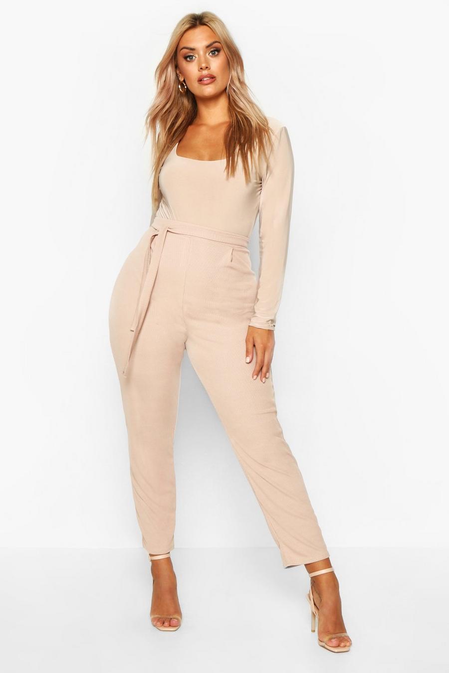 Stone Plus Ribbed High Waisted Tie Waist Tapered Trousers image number 1