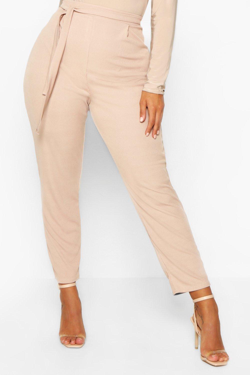 Plus Ribbed High Waisted Tie Waist Tapered Pants