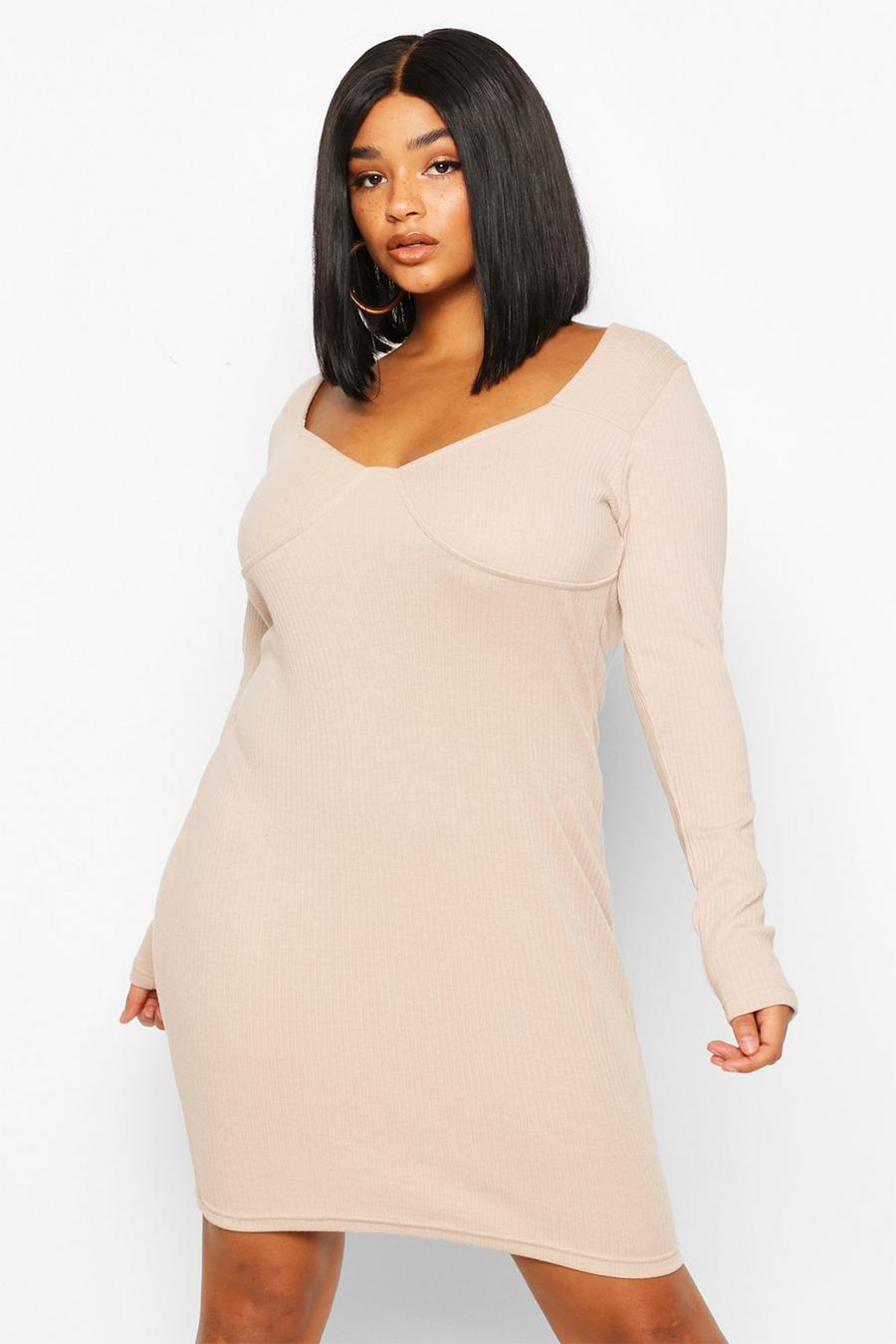 Plus Ribbed Cupped Long Sleeve Bodycon Dress image number 1