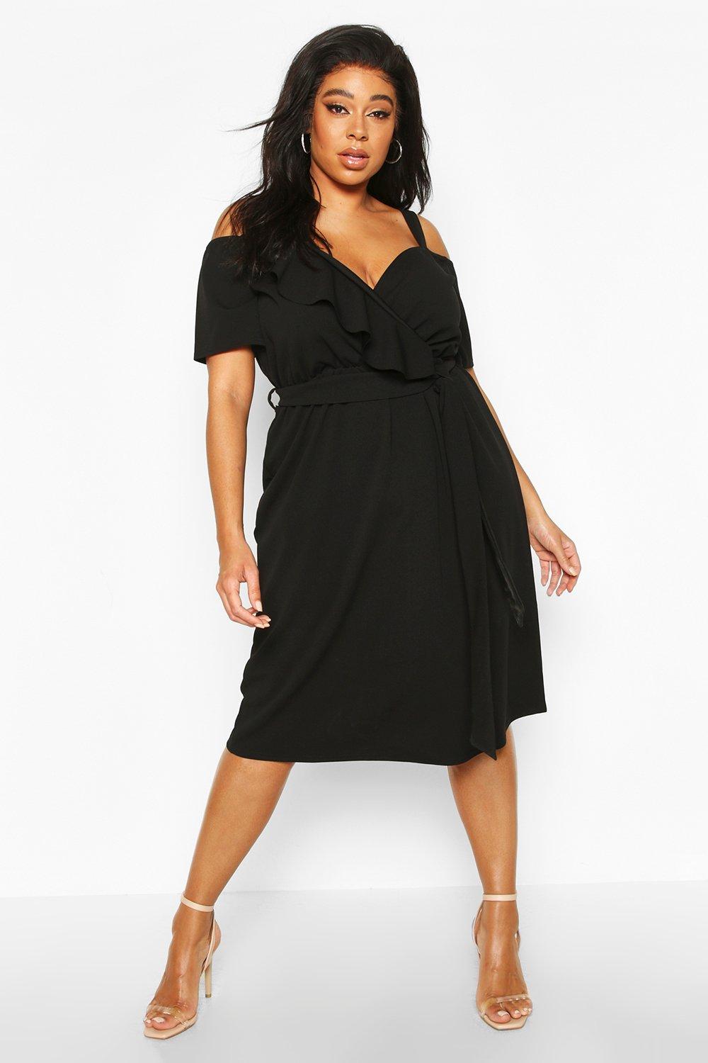 plus plunge ruffle belt midi dress