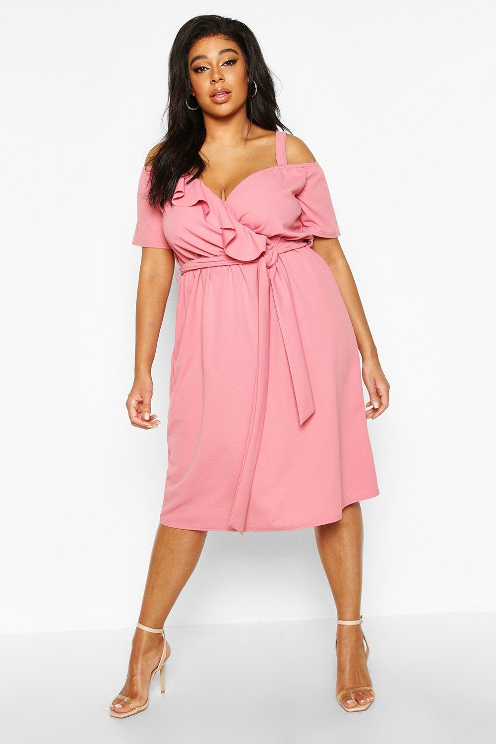 plus plunge ruffle belt midi dress