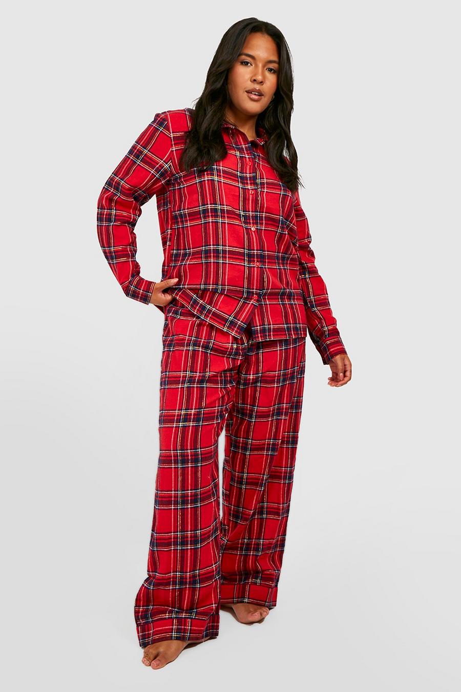 Rood rot Plus Geborstelde Geruite Blouse En Broek Kerst Pyjama Set