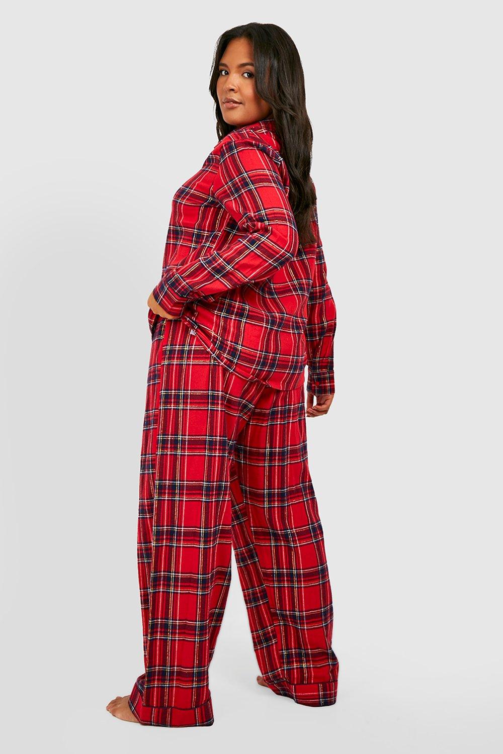 Plus Christmas Brushed Plaid Flannel Shirt And Pants Pajama Set