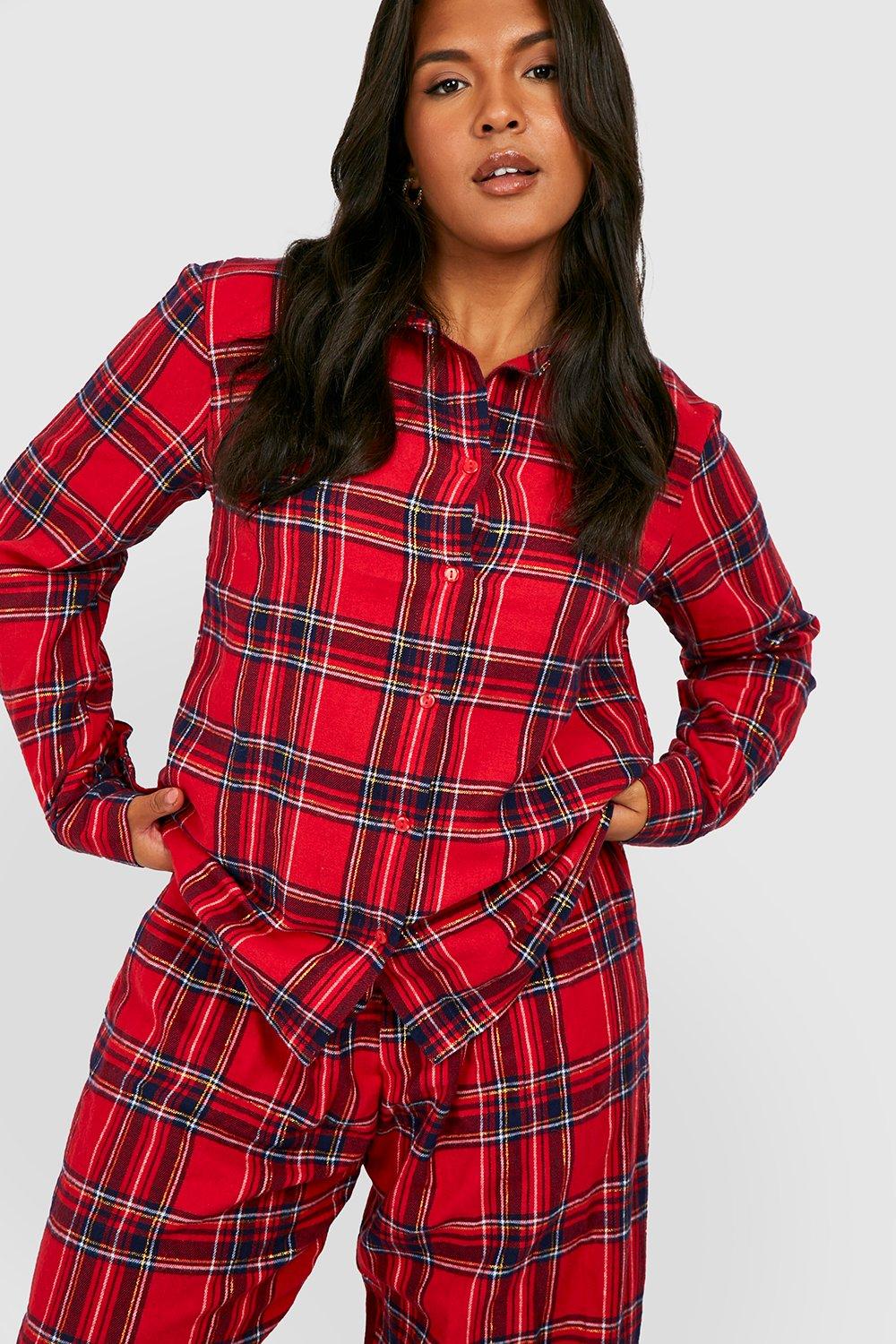 Plus Christmas Brushed Plaid Flannel Shirt And Pants Pajama Set