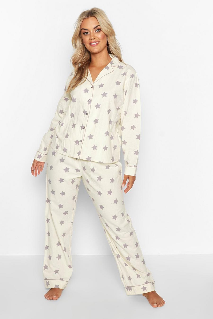 Ecru Plus - Mönstrad pyjamas med knappar och långbyxor image number 1