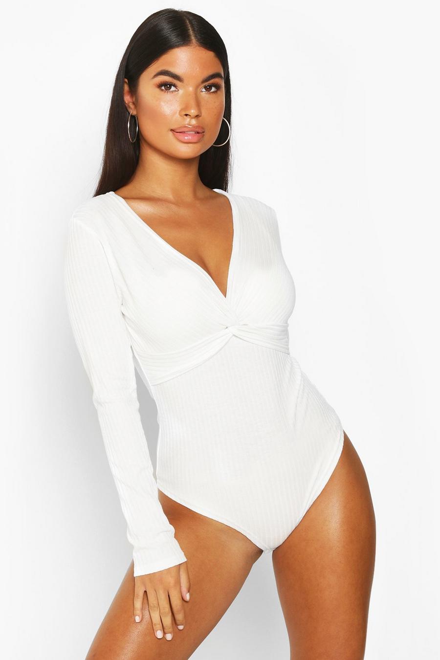 Ivory Petite Ribbed Twist Front Bodysuit image number 1