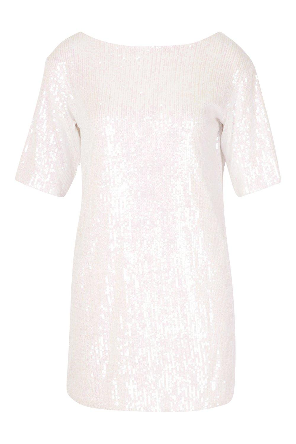 white sequin shirt dress