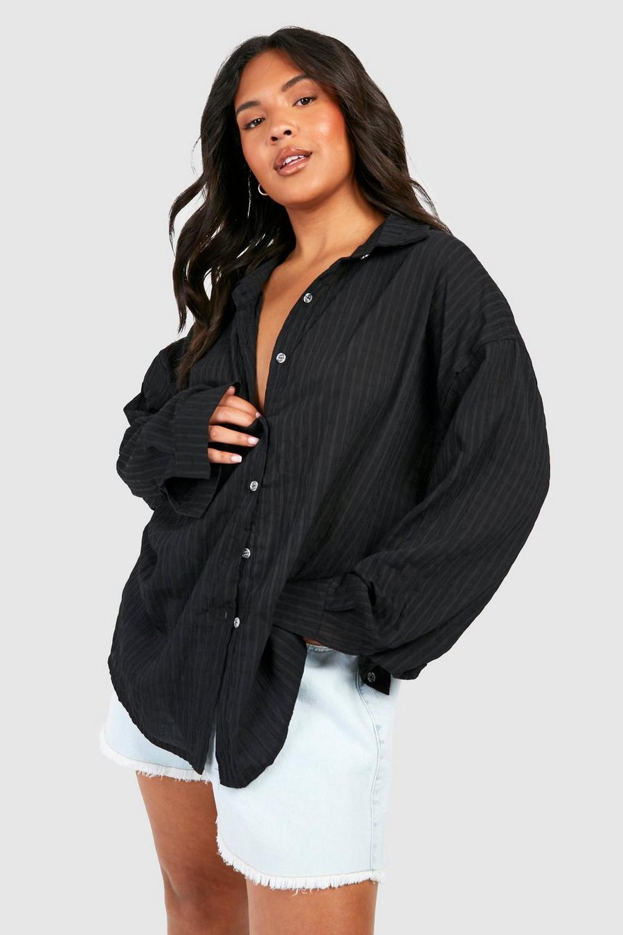 Camicia Plus Size oversize increspata, Black image number 1