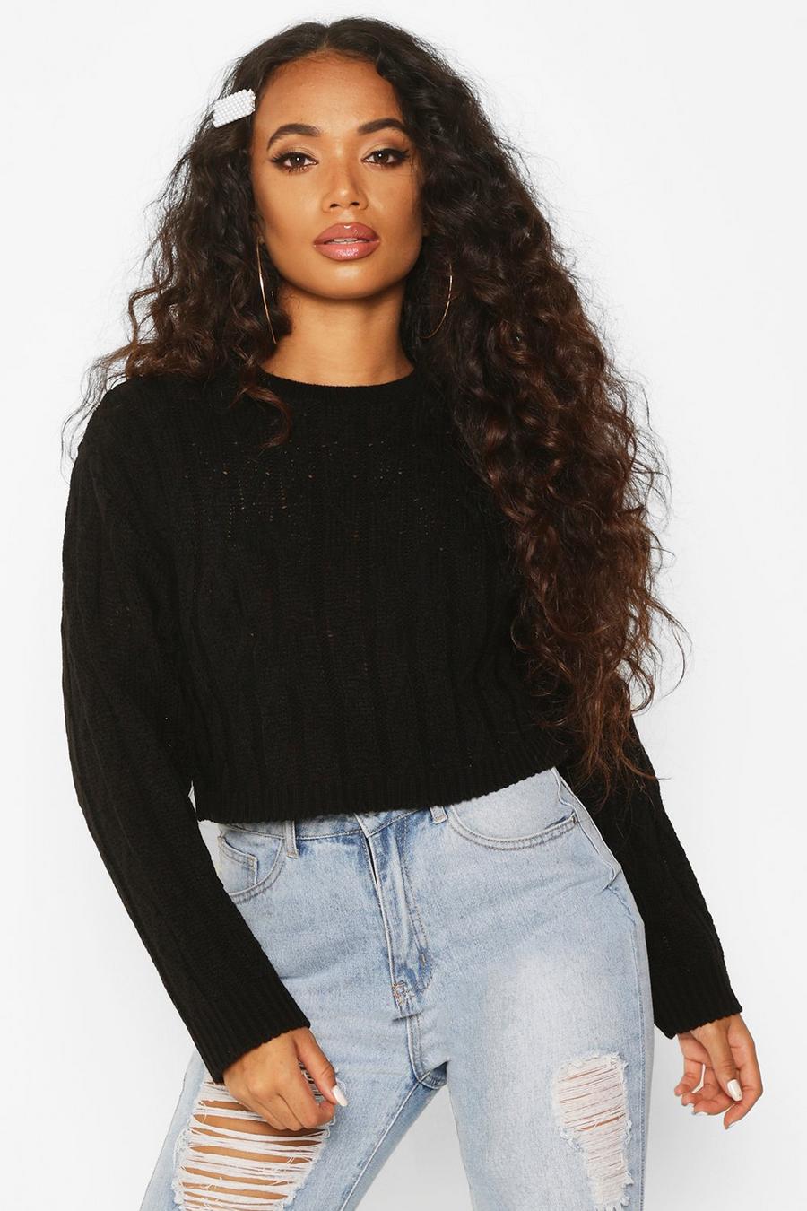 Black Petite Cropped Boxy Cable Knitted Jumper image number 1