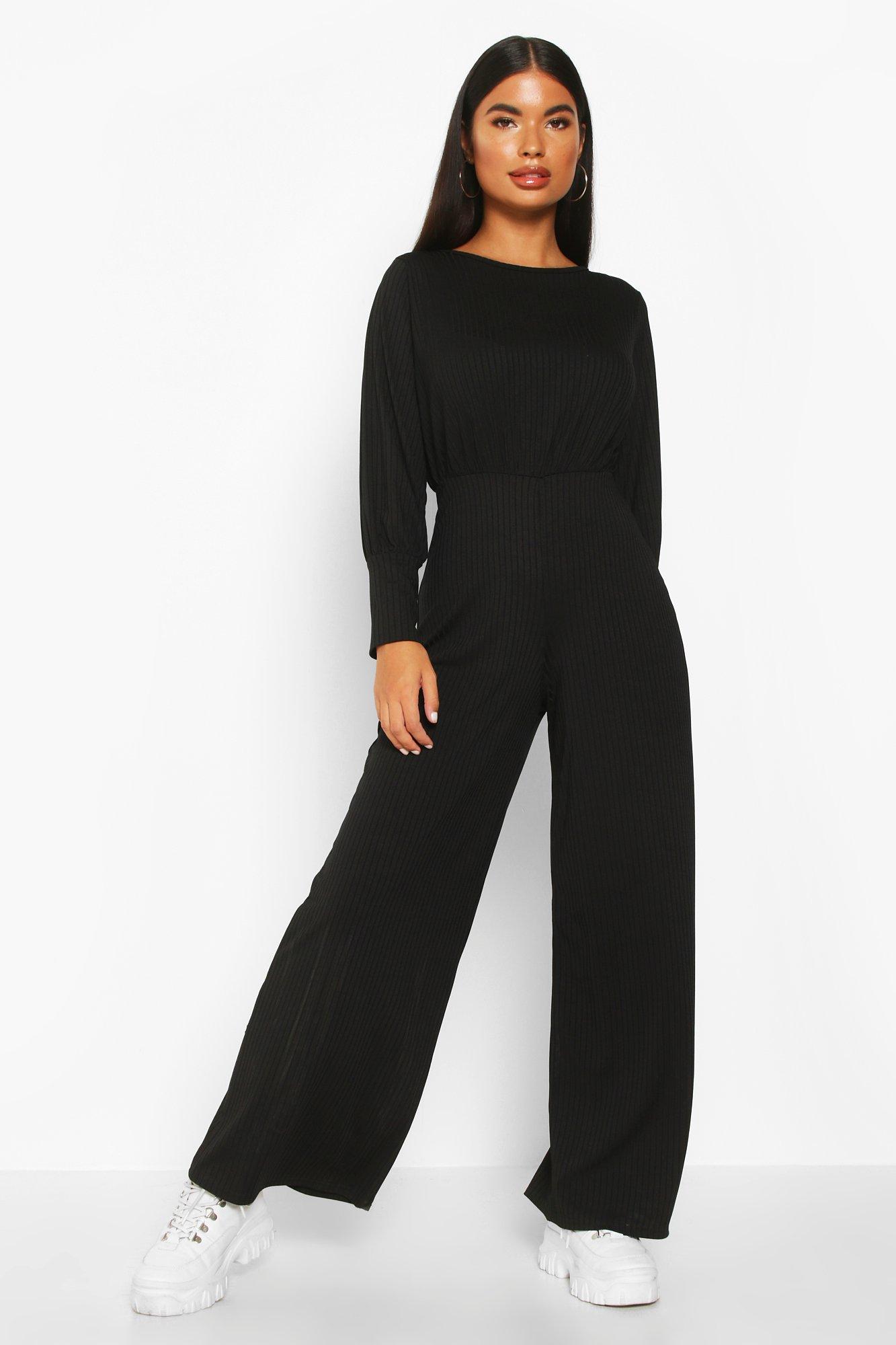 black ribbed wide leg jumpsuit