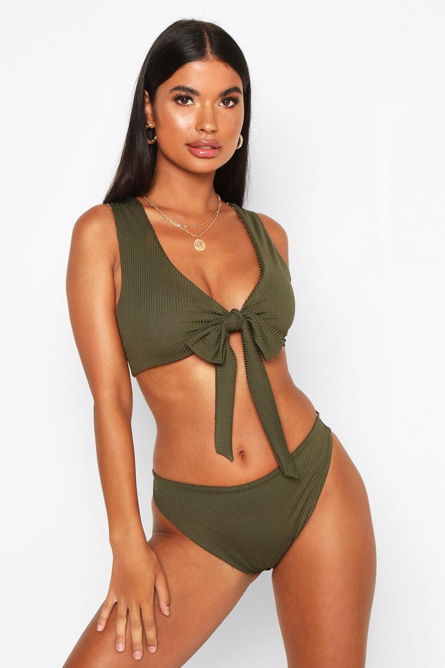 Khaki Petite Rib High Leg Bikini Brief image number 1