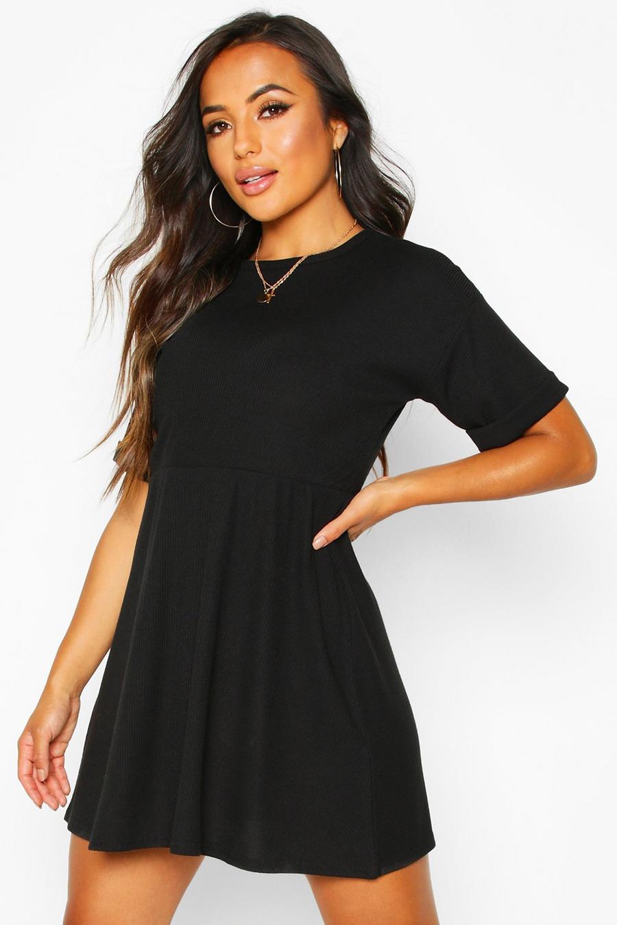 Black Petite - Ribbstickad klänning med uppvikt ärm image number 1
