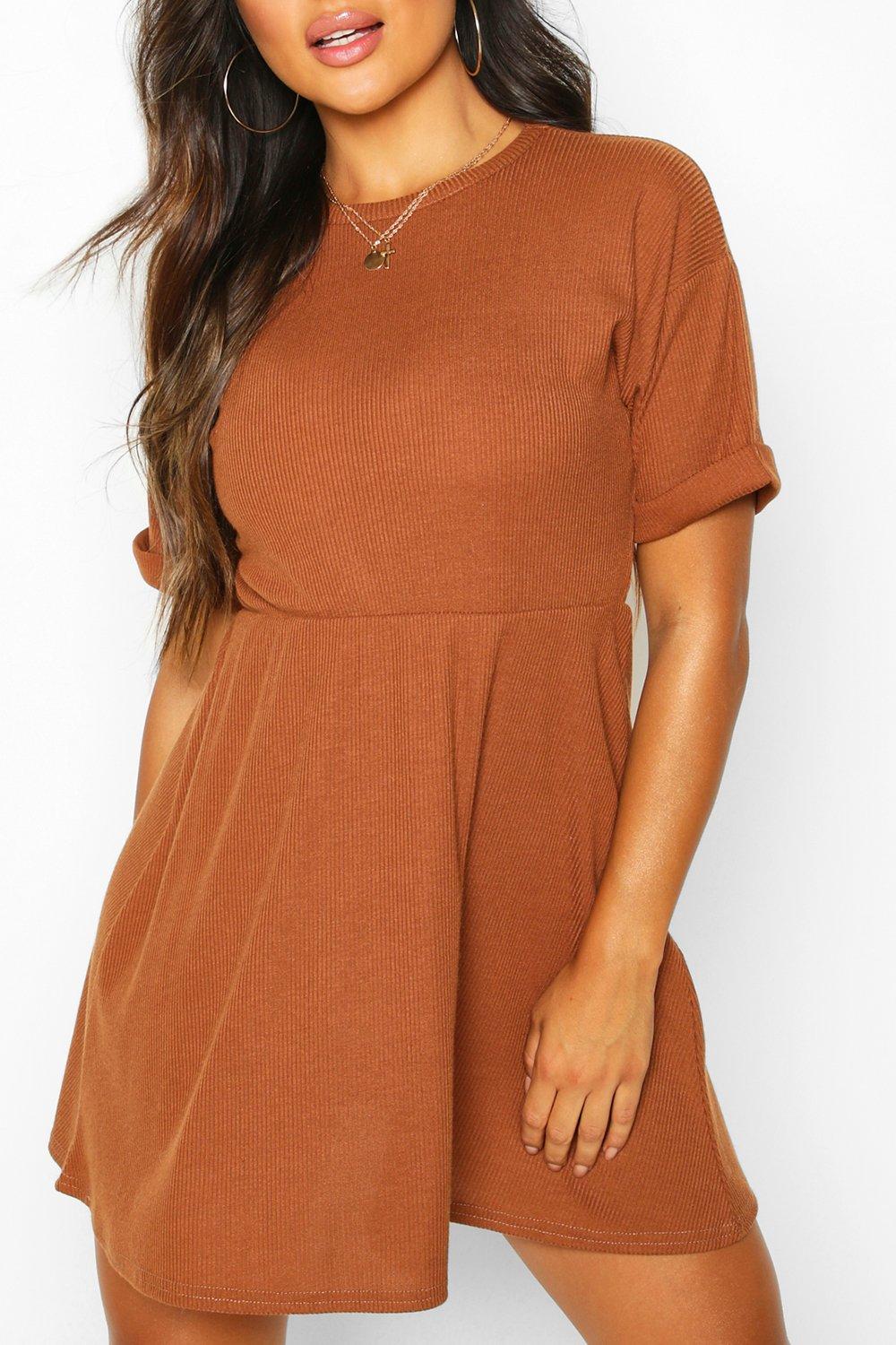 Petite Knitted Rib Turn Up Sleeve Smock Dress boohoo NZ