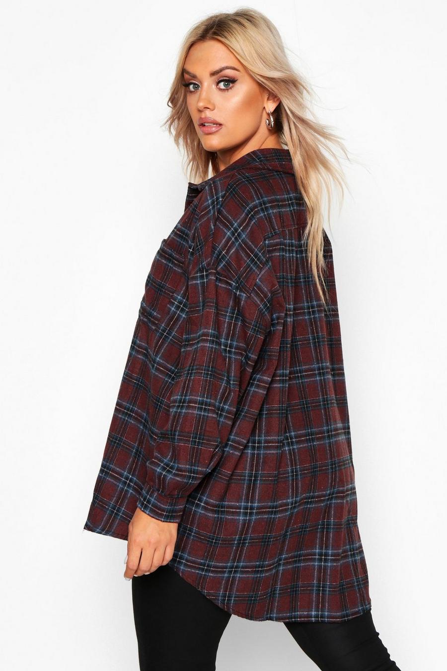 Maroon red Plus Check Oversized Boyfriend Shirt image number 1