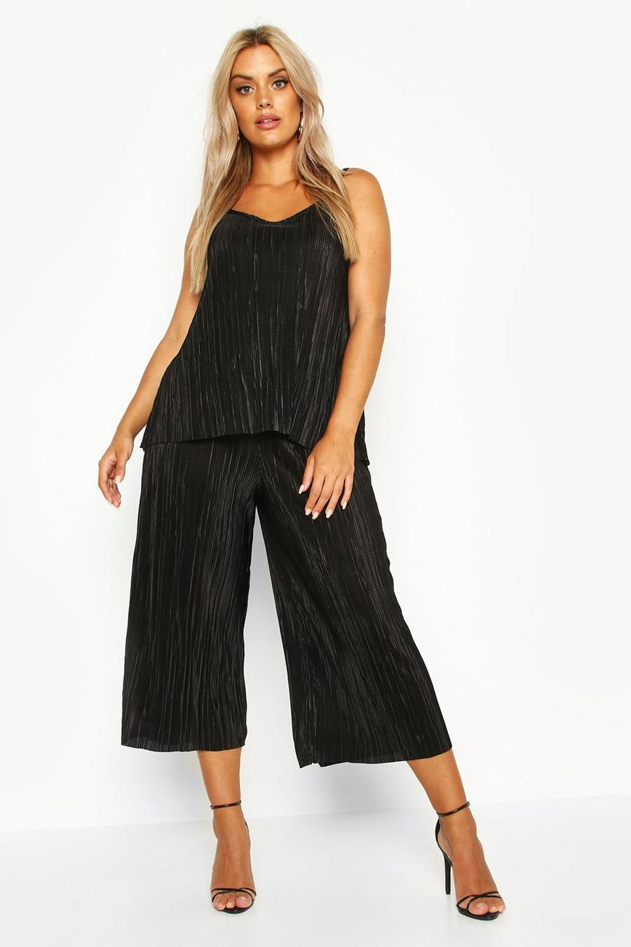 Black Plus plisse Swing Cami and Culottes Co-Ord image number 1