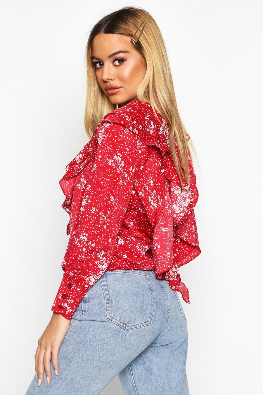 Red Petite Plunge Frill Floral Blouse image number 1