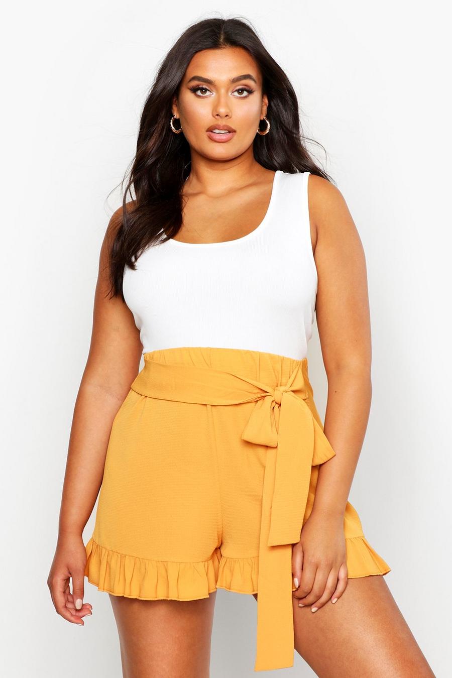 Mustard Plus Frill Tie Front Woven Flowy Shorts image number 1