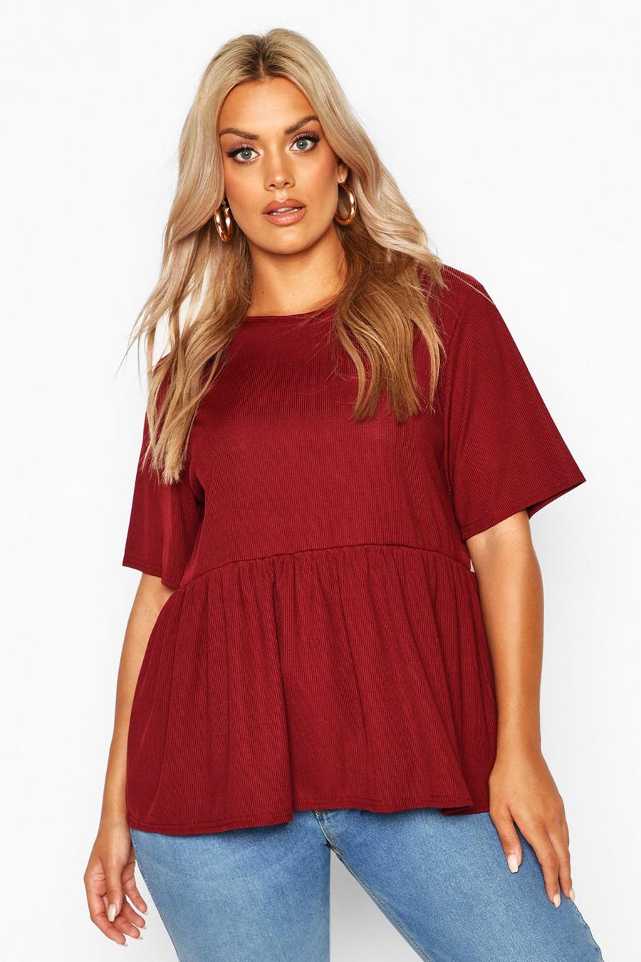 Berry rot Plus Rib Ruffle Sleeve Smock Top image number 1