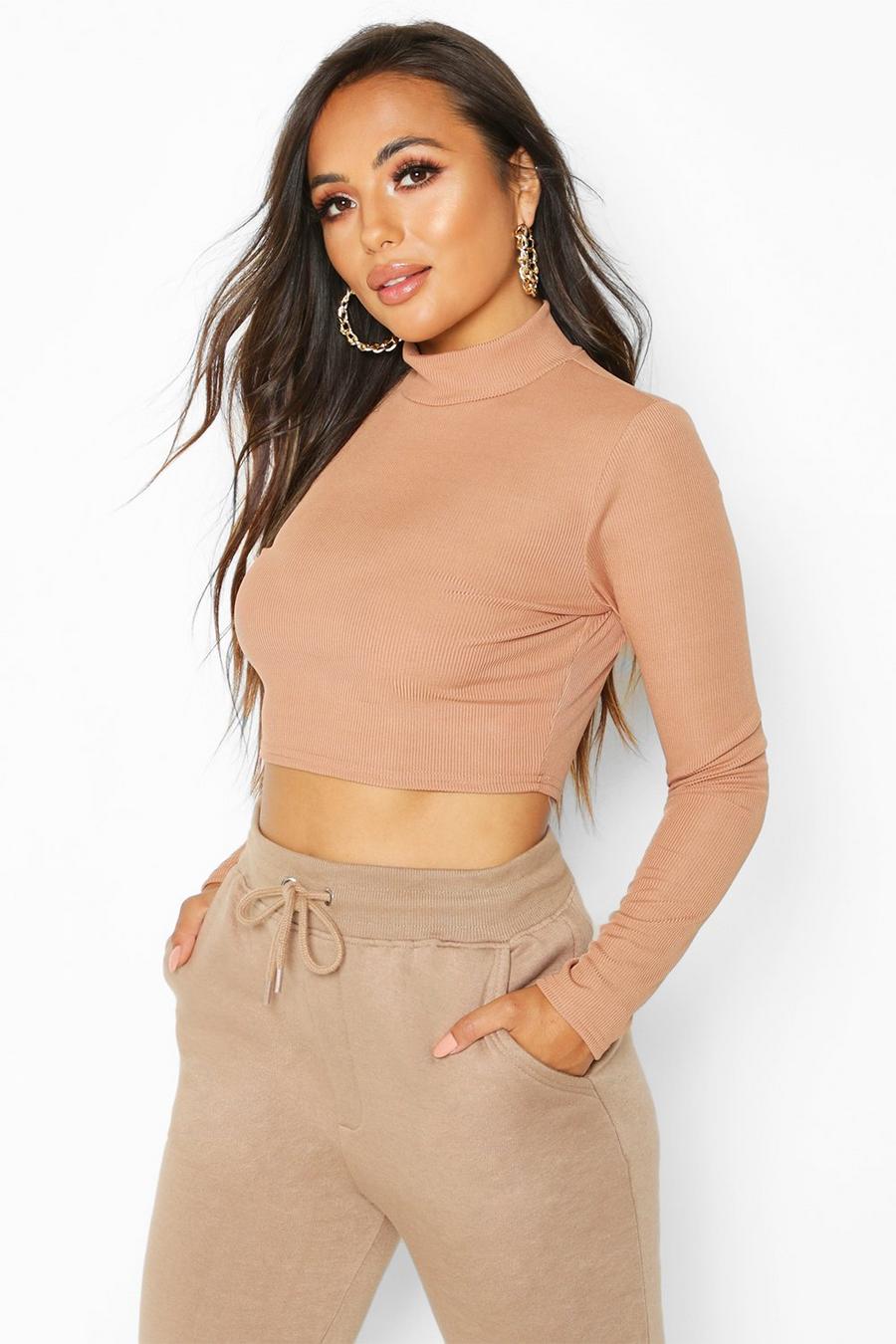 Camel Petite Roll Neck Rib Crop Top image number 1