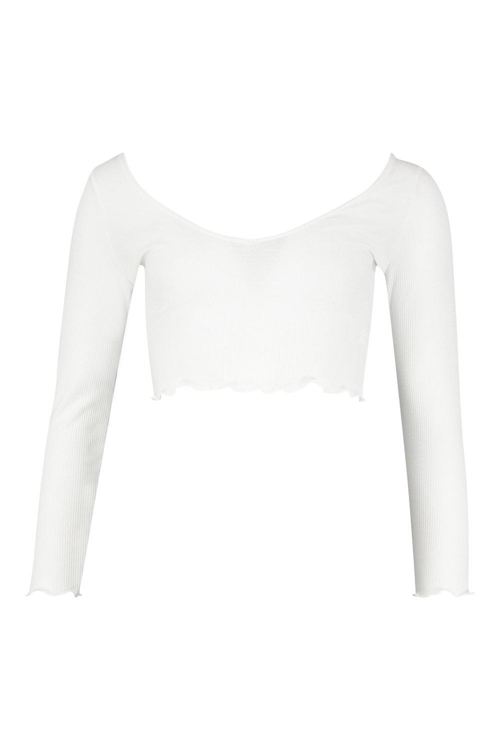 Cut Out Shoulder Long Sleeve Lettuce Hem Crop Top