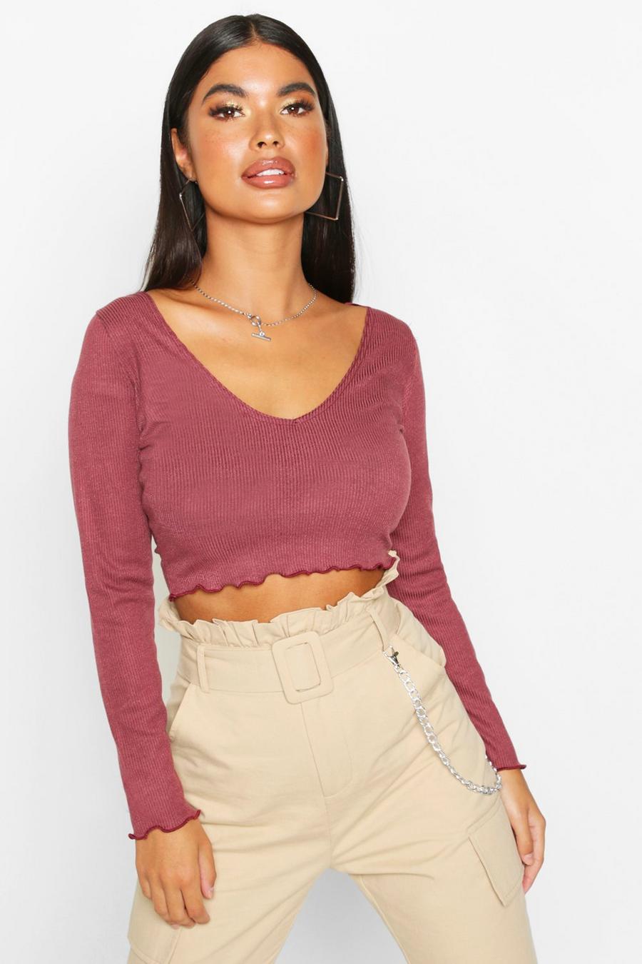 Wijn Petite Crop Top Met Lettuce Edge, V-Hals En Lange Mouwen image number 1