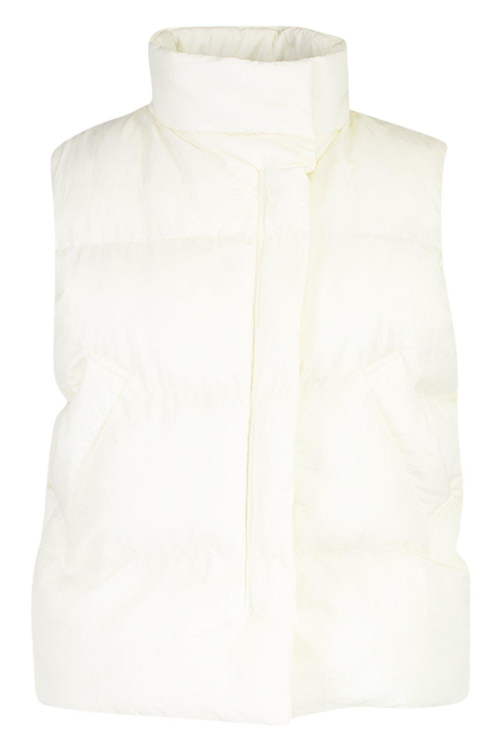 White sleeveless puffer on sale jacket